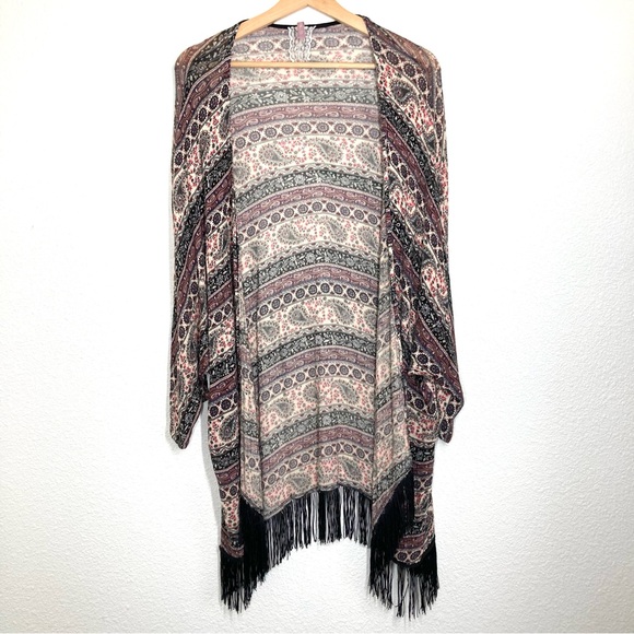 Mauve Anthropology Paisley Kimono Cardigan Medium Fringe Open Front Boho Brown - Picture 2 of 15